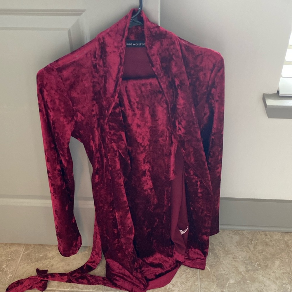 Crushed velvet two piece suit with tie on jacket